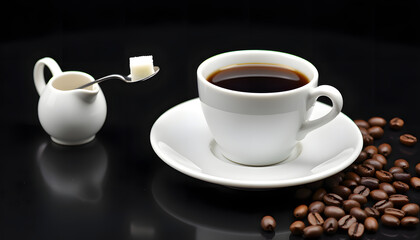 Coffee cup with sugar cube and coffee beans on a black background.