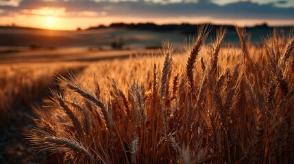 Golden wheat field landscape at sunset warm hues tranquil ambiance