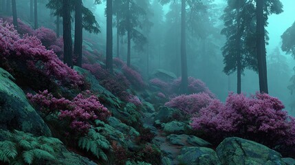 Mystical forest landscape dense fog towering ferns soft pastel colors ethereal light perfect