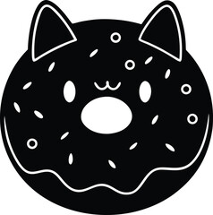 Black cat vector illustration on a white background with a yellow cheese icon and a cartoon ball