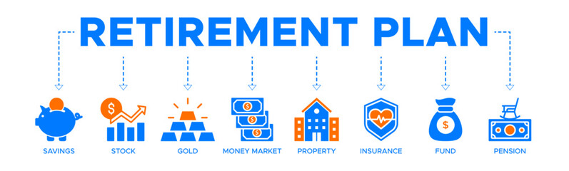 Retirement plan banner website icons vector illustration concept with the icons of saving, stock, gold, money market, property, insurance, fund, and pension on white background