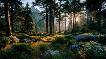 Serene forest landscape at sunrise mist weaving through towering pine trees golden light filtering through the canopy