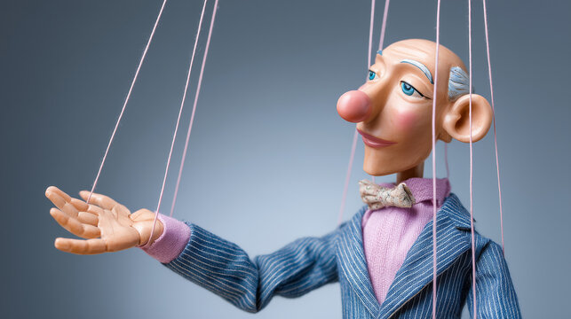 Wooden marionette puppet controlled by strings on a gray background