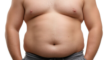 The torso of an overweight shirtless man with a fat belly isolated on white background