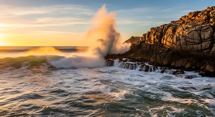 Fototapeta premium Dramatic coastal splash against rocky cliffs at golden hour embodying nature's energy
