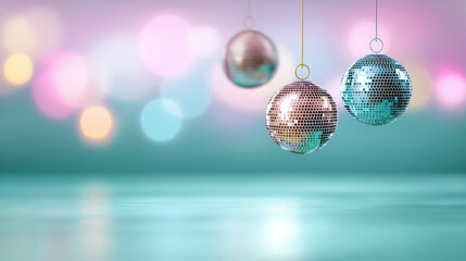 Fototapeta premium Hanging disco balls on a colorful bokeh light background with copy space