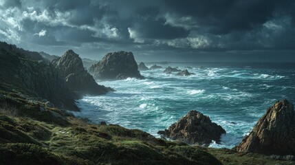 Stormy ocean coastline landscape with crashing waves dramatic clouds rocky cliffs moody atmosphere high contrast lighting
