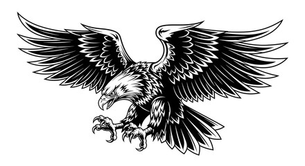 Striking Eagle Black and White Graphic Flying with Open Wings