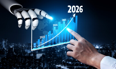 A conceptual image showing the interaction between a robotic hand and a human hand, visualizing a financial growth chart extending from 2023 to 2026 in a futuristic cityscape. Tessel