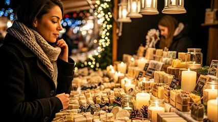 Woman buying from a market stall with candles and handcrafted soap during a winter Christmas holiday outdoor fair footage - Powered by Adobe