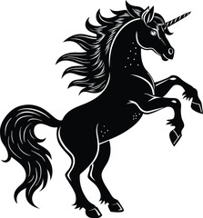 Majestic Black Unicorn: A mythical unicorn, stands tall and proud, its sleek black silhouette radiating elegance and mystique, while its single horn pierces the air with an aura of power and wonder.
