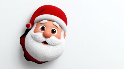 Cartoon of Santa Claus with a red hat and a white beard. He is smiling and looking at the camera