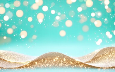 Golden Glitter Waves on Turquoise Background