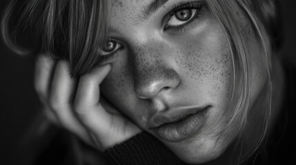 Fototapeta premium photo of beautiful girl, head slightly tilted, one hand elegantly resting near her cheek, hyper realism black and white 