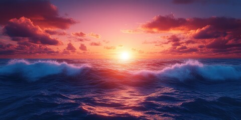Ocean Waves Crashing During a Vibrant Sunset