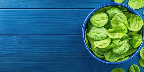 Fresh Spinach Leaves in a Blue Bowl on Wood