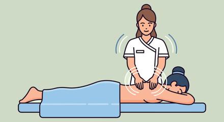 Vector art of therapist giving back massage to a woman lying down