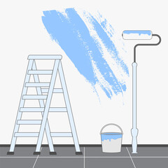 Paint Works. Brush stroke light blue . Blue paint bucket, stepladder and roller. Exterior  and interior. Concept for home decoration, building . EPS10.