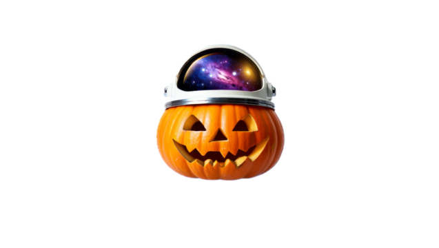 Halloween pumpkin astronaut in a cosmic landscape digital art space themed whimsical environment creative viewpoint