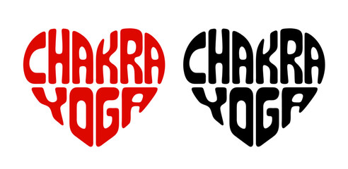 Heart-shaped sticker set featuring "CHAKRA YOGA" in colorful and black design. For yoga poses (asans) to balance your chakras