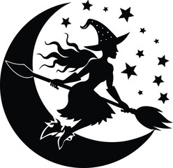 Enchanting Night Flight: A silhouette of a witch soaring through the night sky on a broom, framed by a crescent moon and twinkling stars. It embodies the magic and mystery of Halloween.