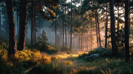 Serene forest landscape at sunrise mist weaving through towering pine trees golden light filtering through the canopy