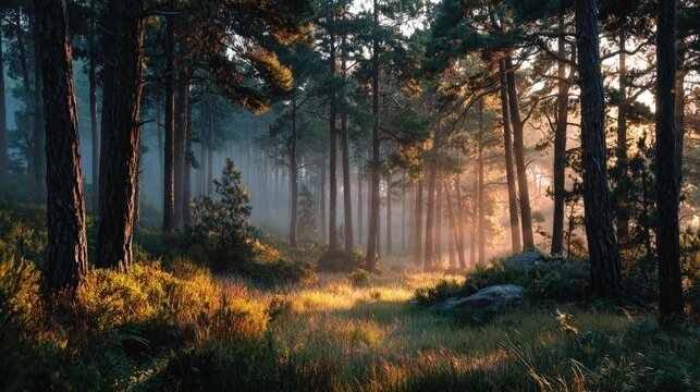 Serene forest landscape at sunrise mist weaving through towering pine trees golden light filtering through the canopy