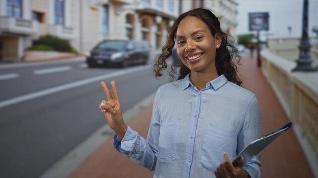 Woman smiling and holding a clipboard while flashing a peace sign on a city street with sidewalk and buildings visible; optimism community outreach.