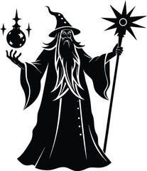 Wizard with magical items: A silhouette of a wise wizard, holding a magical orb and a star-topped staff, casting spells, embodying mystique and the power of enchantment.