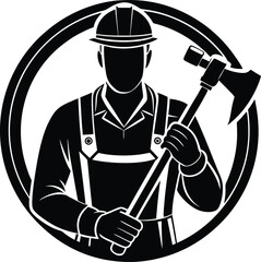 Construction Worker Silhouette with Axe: A silhouetted construction worker in a hard hat, holding an axe, set inside a circle. The image is a symbol of strength, and labor