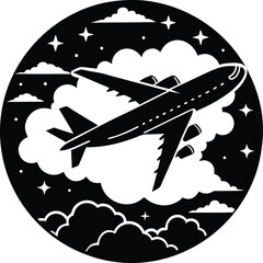  Soaring Silhouette: An airplane elegantly ascends through a starlit night sky, framed by fluffy clouds. A testament to the dreams of travel.