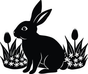 Black Silhouette Bunny in the Field: A monochrome illustration of a bunny resting calmly amidst flowers and tall grass, set in a sun-dappled meadow.