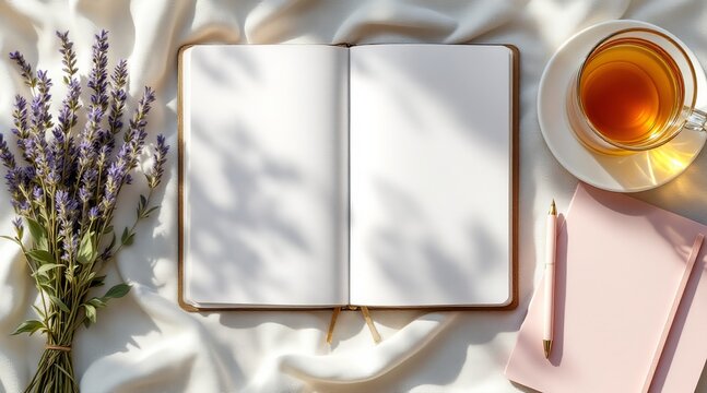 Open notebook with blank pages surrounded by lavender, tea, and a pink journal isolated on white background, creating a serene and inviting scene