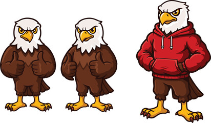 Cartoon bald eagle mascot illustration, red hoodie bird character, school spirit eagle, patriotic sports mascot, team logo design, confident animal c 