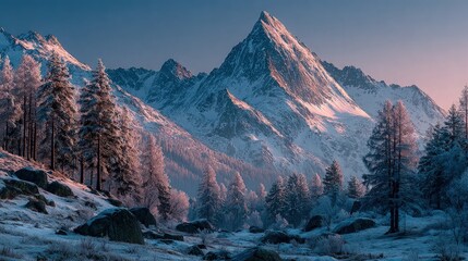 Winter mountain landscape with snow-covered trees icy peaks and pastel sky serene and peaceful composition