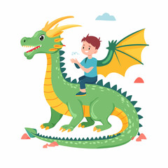 Boy riding a green dragon with transparent background