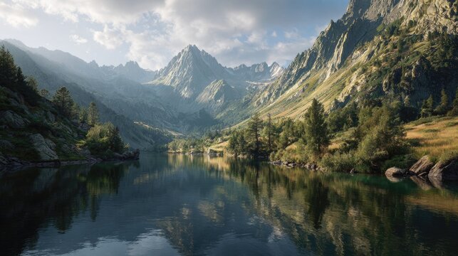 Epic river landscape showcasing majestic mountains reflected in calm waters
