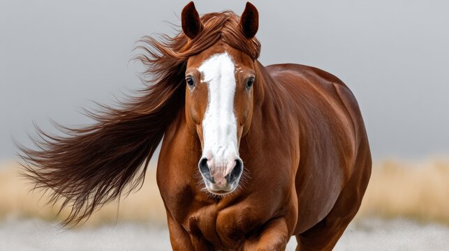 Brown horse with white markings is running through a field. The horse's mane is blowing in the wind, giving the scene a sense of movement and freedom - Powered by Adobe