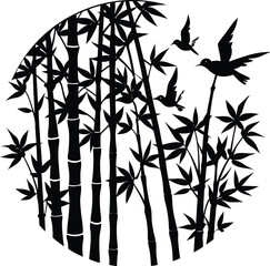 Harmony in Ink: A graceful silhouette of bamboo stalks and soaring birds against a circular backdrop, capturing the essence of tranquility and nature's balance.