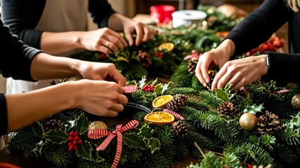 Woman hands decorating handmade christmas wreath with ribbons and holly for festive season celebration, footage - Powered by Adobe