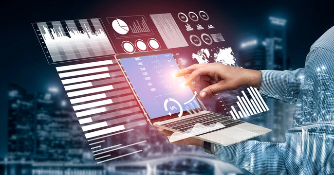 A hand interacts with a digital laptop interface showcasing data visualizations and graphs, set against a vibrant urban landscape, symbolizing modern technology and analysis. Impute