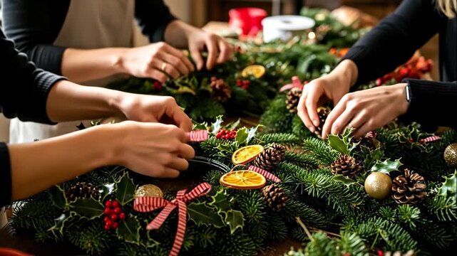 Woman hands decorating handmade christmas wreath with ribbons and holly for festive season celebration, footage