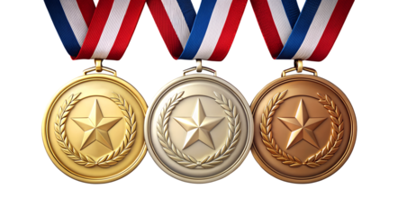 Three oval shaped medals for first second and third place awards with red white and blue ribbons isolated on transparent background