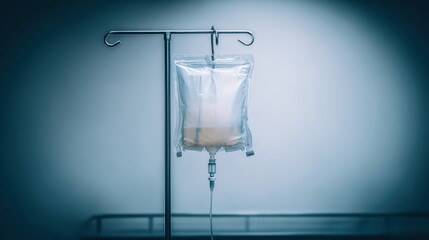 Iv drip bag on stand in medical environment with soft lighting