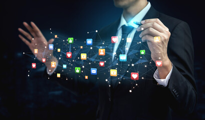 Social media interaction digital icons floating show concept of social media marketing. Online engagement, influencer marketing, and modern connection technology. Spline