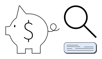 Piggy bank with dollar sign, magnifying glass, and document symbolize financial planning, saving, research, analysis, accountability, economics and fiscal management. Ideal for simple flat metaphor