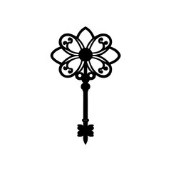 Obraz premium Ornate key with floral design silhouette on transparent background