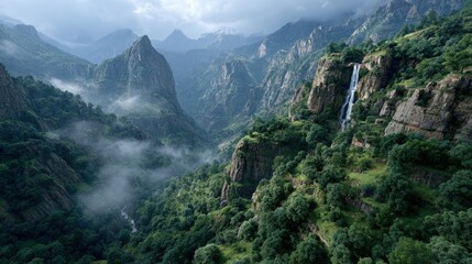 Rugged mountain landscape with dramatic cliffs cascading waterfall lush greenery foggy valley dynamic lighting ultra-realistic breathtaking vista