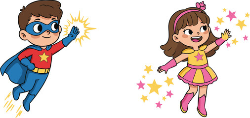 Cartoon superhero kids flying with star powers, boy blue cape hero illustration, girl pink star protector, fantasy action artwork mascot design