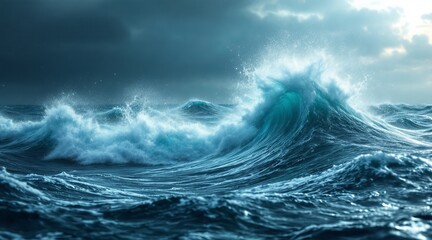 Fototapeta premium Dramatic ocean wave cresting under a stormy sky, showcasing the raw power and beauty of natures elements with turbulent water and dark clouds